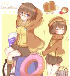  2girls blue_eyes blush breadbug breasts brown_hair brown_sweater closed_eyes closed_mouth coffee_mug compass cup doughnut english_text eraser eyebrows_visible_through_hair flying_sweatdrops food giant_breadbug glasses highres legs looking_at_viewer mug multiple_girls non_(wednesday-classic) open_mouth personification pikmin_(series) pikmin_2 pulling sitting small_breasts sweater sweets 