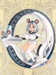  1girl abstract_background animal_ears breasts covered_nipples dairoku_youhei eyebrows_visible_through_hair fake_animal_ears full_body gloves grey_eyes grey_hair hand_up hood hood_down hoodie impossible_clothes large_breasts looking_at_viewer mittens monowheel mouse_ears no_pants official_art open_mouth panties riding ryoji_(nomura_ryouji) short_hair solo thighhighs underwear waving white_legwear white_panties yellow_background 