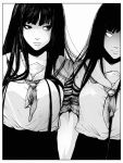  bangs black_border black_hair blank_eyes border commentary greyscale highres kawakami_tomie long_hair looking_to_the_side mole mole_under_eye monochrome sailor_collar school_uniform screentones serafuku short_sleeves smile sukerufun tagme tomie upper_body 