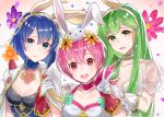  3girls animal_ears blue_eyes blue_hair breasts bunny_ears catria_(fire_emblem) cleavage closed_mouth est_(fire_emblem) fake_animal_ears fire_emblem fire_emblem:_mystery_of_the_emblem fire_emblem_heroes flower gloves green_eyes green_hair hair_flower hair_ornament haru_(nakajou-28) headband highres long_hair multiple_girls open_mouth palla_(fire_emblem) petals pink_eyes pink_hair see-through_sleeves short_hair siblings sisters upper_body v white_headband 