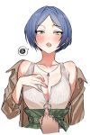  annoyed bangs blue_hair blush breasts cleavage coat hayami_kanade highres idolmaster idolmaster_cinderella_girls jewelry large_breasts necklace open_clothes open_coat speech_bubble suisogenshi sweatdrop unzipping yellow_eyes 