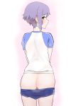  1girl ass bangs blue_shirt blue_shorts brown_eyes commentary_request eyebrows_visible_through_hair from_behind highres idolmaster idolmaster_million_live! looking_at_viewer makabe_mizuki minakami purple_hair pussy shirt short_hair short_shorts shorts simple_background solo white_background white_shirt yellow_eyes 