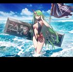  1girl absurdres arknights blue_sky breasts cloud eyeliner flag green_eyes green_hair highres horn hoshiguma_(arknights) long_hair looking_at_viewer makeup mask ocean oni_horn outdoors shield sky slingshot_swimsuit smile solo swimsuit very_long_hair wading zipplin 