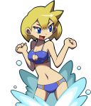  1girl bikini blonde_hair blue_bikini breasts cleavage cleavage_cutout makoto_yabe narrow_waist navel official_art open_mouth shantae_(series) shantae_and_the_pirate&#039;s_curse solo splashing swimsuit transparent_background vinegar_(shantae) water 