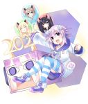  2020 5girls absurdres animal_ears balloon bangs bimmy black_hair blanc blonde_hair blue_eyes blush brown_hair clenched_hand collar collarbone d-pad d-pad_hair_ornament english_commentary hair_ornament highres hood hoodie long_hair long_sleeves mouse_ears multiple_girls nepgyaa neptune_(neptune_series) neptune_(series) noire open_mouth outstretched_arm purple_eyes purple_hair red_eyes short_hair sidelocks striped striped_legwear sweatdrop thighhighs v vert white_background white_hoodie 