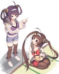  2girls ahoge azur_lane bell blue_shorts blush boots bowl breasts brown_hair brown_legwear china_dress chinese_clothes chopsticks cleavage closed_mouth commentary_request dress eating food food_in_mouth fur-trimmed_boots fur-trimmed_jacket fur-trimmed_shorts fur-trimmed_sleeves fur_trim hair_bell hair_ornament hair_rings hairband highres holding holding_bowl holding_chopsticks jacket jingle_bell long_hair long_sleeves medium_breasts multiple_girls ning_hai_(azur_lane) no_shoes noodles olive_(laai) open_clothes open_jacket pantyhose ping_hai_(azur_lane) pointing purple_eyes purple_hair purple_shirt red_dress red_eyes seiza shirt short_shorts shorts shrimp shrimp_tempura sitting standing tempura thighhighs thighhighs_under_boots twintails very_long_hair white_background white_footwear white_hairband white_jacket 