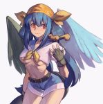  1girl asymmetrical_wings belt blue_hair breasts crop_top dizzy_(guilty_gear) fingerless_gloves gloves guilty_gear guilty_gear_xx long_hair midriff red_eyes ribbon sailor_collar sailor_shirt shirt short_shorts shorts simple_background solo squirrel tail tail_ribbon twintails uncle_rabbit_ii underboob wings 
