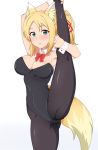 1girl animal_ears bangs bare_shoulders black_bodysuit blonde_hair blush bodysuit breasts bunnysuit cleavage commentary_request copyright_request fox_ears fox_tail green_eyes highres large_breasts leg_up long_hair looking_at_viewer ponytail red_ribbon ribbon seihekiog simple_background solo tail white_background wrist_cuffs 