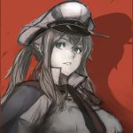  1girl bangs blonde_hair blue_eyes breasts capelet graf_zeppelin_(kantai_collection) hair_between_eyes hat kantai_collection large_breasts long_hair military military_uniform nona_(goodboy) parted_lips peaked_cap red_background shadow sidelocks simple_background solo twintails uniform upper_body 