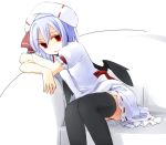  black_legwear blue_hair couch curiosities_of_lotus_asia dress feet_out_of_frame hat hat_ribbon kazeharu leaning_to_the_side looking_at_viewer red_eyes red_ribbon remilia_scarlet ribbon short_hair short_sleeves sitting thighhighs touhou white_background white_dress white_headwear wings 