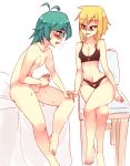  1boy 1girl antenna_hair black_bra black_panties blonde_hair blush bra clothed_female_nude_male cousins feet glasses green_hair hakamichi_hideaki hetero incest katawa_shoujo male_masturbation masturbation nude open_mouth panties penis red_eyes rtil satou_akira short_hair simple_background sitting smile underwear 