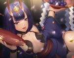  1girl :p alcohol bob_cut breasts collarbone commentary_request cup eyebrows_visible_through_hair fangs fate/grand_order fate_(series) food fruit grapes horns izuna_(i1z2n70) looking_at_viewer lying on_side oni oni_horns purple_eyes purple_hair sakazuki sake short_hair shuten_douji_(fate/grand_order) small_breasts solo tongue tongue_out 