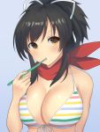  1girl asuka_(senran_kagura) bikini bikini_top black_hair breasts brushing_teeth cleavage hair_ribbon highres holding large_breasts lemonrou long_hair looking_at_viewer ponytail red_scarf ribbon scarf senran_kagura striped striped_bikini swimsuit toothbrush yellow_eyes 