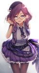  1girl adjusting_hair arm_behind_back badge bangs bare_shoulders belt beret black_headwear bracelet breasts buttons collared_shirt earrings eyebrows_visible_through_hair glasses hair_between_eyes hat highres idolmaster idolmaster_cinderella_girls idolmaster_cinderella_girls_starlight_stage jewelry juugonichi_(wheeliex2) layered_skirt leaning_forward legs_together long_hair looking_at_viewer medium_breasts multiple_belts necktie open_clothes open_mouth open_vest pantyhose parted_bangs purple_belt purple_eyes purple_hair purple_neckwear purple_skirt purple_vest ribbed_shirt sheer_legwear shirt signature silver-framed_eyewear skirt skirt_set sleeveless sleeveless_shirt solo standing vest white_background white_shirt yagami_makino 