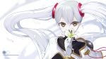  1girl bangs black_shirt blurry blurry_background brown_eyes covered_mouth depth_of_field eyebrows_visible_through_hair floating_hair flower gloves hair_between_eyes hair_ornament hand_up holding holding_flower hoshino_ruri kidou_senkan_nadesico long_hair long_sleeves looking_at_viewer petals shirt solo twintails upper_body white_flower white_gloves white_hair xiujia_yihuizi 