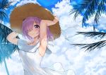  1girl absurdres armpits arms_up blue_sky blush breasts closed_mouth dress fate/grand_order fate_(series) hair_over_one_eye hat hat_ribbon highres jjeono large_breasts lavender_hair looking_at_viewer mash_kyrielight palm_tree purple_eyes purple_hair revision ribbon sky smile solo straw_hat tree white_dress white_ribbon 