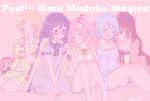  5girls :o ^_^ akemi_homura alternate_costume alternate_hairstyle arm_around_shoulder arm_support babydoll bare_legs bare_shoulders black_hairband black_ribbon blanket blonde_hair blue_hair blue_shirt blue_shorts blush braid breasts charlotte_(madoka_magica) closed_eyes closed_mouth collarbone collared_shirt copyright_name dot_nose eyebrows_visible_through_hair feet_out_of_frame finger_to_mouth flat_chest frills glasses hair_between_eyes hair_down hair_ribbon hairband hands_on_own_knees happy head_on_another&#039;s_shoulder high_ponytail highres jacket kaname_madoka knee_blush long_hair looking_at_another mahou_shoujo_madoka_magica medium_breasts miki_sayaka multiple_girls off-shoulder_shirt off_shoulder pajamas parted_lips paru_rari pink_background pink_hair pink_jacket pink_ribbon polka_dot polka_dot_background polka_dot_pajamas ponytail puffy_short_sleeves puffy_sleeves purple_eyes purple_hair purple_pajamas purple_ribbon red-framed_eyewear red_hair red_ribbon ribbon sakura_kyouko seiza semi-rimless_eyewear shiny shiny_hair shirt short_hair short_sleeves short_twintails shorts shushing side-by-side simple_background sitting sleeping sleeping_on_person smile tomoe_mami twintails twitter_username under_covers v_arms witch_(madoka_magica) 