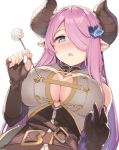  1girl :o asymmetrical_gloves bare_shoulders belt black_gloves blue_eyes blush braid breasts cleavage cleavage_cutout commentary crown_braid draph elbow_gloves fang fingerless_gloves gloves granblue_fantasy hair_ornament hair_over_one_eye hairclip highres horns kanzarin_(hoochikiss) large_breasts long_hair looking_at_viewer mimikaki narmaya_(granblue_fantasy) pointy_ears purple_hair simple_background single_fingerless_glove skin_fang solo white_background 
