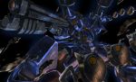  aiming bazooka_(gundam) black_background chain_mine commentary_request deraken glowing glowing_eye gun gundam gundam_0080 highres holding holding_gun holding_weapon horn kampfer_(mobile_suit) mecha no_humans red_eyes shotgun solo spikes weapon 