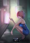  1girl absurdres alley alternate_costume arknights bag bangs bare_shoulders breasts cigarette commentary_request dress earrings exusiai_(arknights) halo handbag high_heels highres jewelry large_breasts open_toe_shoes red_eyes red_hair richelieu short_hair sign squatting strapless strapless_dress 
