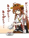  1girl ahoge black_eyes brown_hair commentary_request cup detached_sleeves double_bun headgear kantai_collection kongou_(kantai_collection) long_hair nontraditional_miko pleated_skirt saucer skirt solo tea teacup teapot translation_request trembling yohei_(pizzadev) 