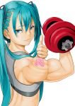  1girl aqua_eyes aqua_hair bangs biceps bra braid closed_mouth cornrows dumbbell eyes_visible_through_hair from_behind glowing_tattoo grey_bra hair_between_eyes hatsune_miku long_hair looking_at_viewer looking_back muscle muscular_female pachimon raised_eyebrow shirtless simple_background smile solo sports_bra tattoo thumbs_up twintails underwear upper_body very_long_hair vocaloid weightlifting white_background 