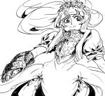  1girl bangs bb_(baalbuddy) blunt_bangs breastplate diadem dress floating_hair gauntlets greyscale highres long_hair looking_at_viewer mole mole_under_eye monochrome princess_(sekaiju) puffy_short_sleeves puffy_sleeves sekaiju_no_meikyuu sekaiju_no_meikyuu_3 short_sleeves simple_background smile solo standing white_background 