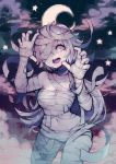  1girl arms_up blue_eyes blush breasts cleavage crescent_moon eyebrows_visible_through_hair highres large_breasts long_hair looking_at_viewer moon mummy_costume open_mouth parororo smile solo starline tongue upper_teeth very_long_hair white_hair 