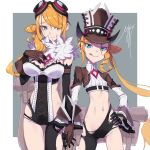  2girls ahegao blonde_hair breasts charles_darwin eiyuu_senki hat highres large_breasts multiple_girls nike_(smaaaash) small_breasts thick_thighs thighs twintails_day 