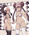  2girls ass bare_shoulders baseball_cap black_bra black_legwear blue_eyes bottomless bra breasts brown_hair checkered checkered_background closed_mouth double_bun hat high_ponytail highres lamb-oic029 long_hair looking_at_viewer looking_back medium_breasts mei_(pokemon) multiple_girls navel panties pokemon pokemon_(game) pokemon_bw pokemon_bw2 ponytail sidelocks small_breasts smile standing thighhighs touko_(pokemon) underwear underwear_only white_bra white_headwear white_legwear white_panties 