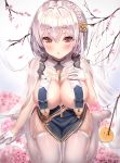  1girl absurdres azur_lane between_breasts bird breast_curtains breasts cherry_blossoms chick china_dress chinese_clothes cleavage dress flower garter_straps gloves half_gloves hand_on_own_chest hand_up highres large_breasts looking_at_viewer lotpi manjuu_(azur_lane) no_shoes orange_eyes parted_lips pelvic_curtain pink_flower short_hair silver_hair sirius_(azur_lane) sirius_(azure_horizons)_(azur_lane) skindentation solo thighhighs tree_branch white_gloves white_legwear 