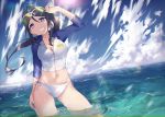  1girl :d arm_at_side arm_up bangs bikini bikini_under_clothes black_hair blue_eyes blush breasts cleavage cloud cloudy_sky collarbone commentary_request contrapposto cowboy_shot day eyewear_on_head green-tinted_eyewear grin head_tilt highres horizon long_sleeves love_live! love_live!_sunshine!! matsuura_kanan medium_breasts navel ocean open_mouth outdoors over-rim_eyewear parted_bangs ponytail rash_guard semi-rimless_eyewear side-tie_bikini sky smile solo standing stomach sunglasses swimsuit teeth water white-framed_eyewear white_bikini yamaori_(yamaorimon) 