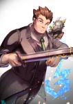  1boy absurdres animal_on_shoulder artist_name book brown_hair character_request dated formal green_neckwear grey_eyes highres horns huge_filesize itohiro03 male_focus necktie sheath sheathed smile spiked_hair standing suit thick_eyebrows tokyo_houkago_summoners wand weapon white_background 