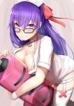  1girl bangs bb_(fate)_(all) bb_(fate/extra_ccc) bb_shot! black-framed_eyewear blush breasts choker cleavage closed_mouth collarbone dress fate/extra fate/extra_ccc fate/grand_order fate_(series) garter_straps glasses hair_between_eyes hair_ribbon hat highres holding holding_syringe large_breasts large_syringe long_hair looking_at_viewer nanakaku nurse nurse_cap oversized_object pink_ribbon purple_eyes purple_hair ribbon short_dress short_sleeves smile solo syringe thighs very_long_hair white_choker white_dress white_headwear white_legwear wrist_cuffs 
