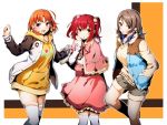  3girls :o ahoge blue_eyes bow bowtie brown_hair brown_shorts capelet clenched_teeth eyebrows_visible_through_hair green_eyes hair_bow hair_ornament hand_in_pocket hand_up highres jacket kurosawa_ruby long_sleeves looking_at_viewer love_live! love_live!_sunshine!! multiple_girls nakano_maru orange_hair pink_capelet pink_neckwear pink_skirt red_eyes red_hair shorts skirt smile standing takami_chika teeth thighhighs twintails watanabe_you white_legwear yellow_bow 
