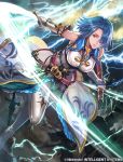  1girl belt blue_eyes blue_hair boots bracelet breasts cleavage electricity fire_emblem fire_emblem:_radiant_dawn fire_emblem_cipher gloves hair_over_one_eye jewelry lucia_(fire_emblem) necklace nij_24 official_art solo sword weapon 