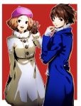  2girls beret blue_coat braid breasts brown_gloves brown_hair coat cowboy_shot crown_braid fur-trimmed_coat fur-trimmed_collar fur-trimmed_sleeves fur_trim gloves hat highres leather leather_gloves lips long_sleeves looking_at_viewer medium_breasts multiple_girls nakano_maru niijima_makoto okumura_haru open_mouth orange_hair persona persona_5 pink_headwear purple_eyes red_background red_eyes ribbed_sweater short_hair simple_background smile sweater turtleneck waving 