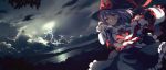  1girl black_skirt capelet cloud cloudy_sky commentary_request dark_clouds dise frills hat hat_ribbon lightning nagae_iku purple_hair ribbon scarlet_weather_rhapsody scenery shirt skirt sky solo thunder touhou white_shirt wind yellow_eyes 