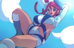  1girl blue_eyes blue_sky blush breasts chorimokki cloud fuuro_(pokemon) gloves gym_leader hair_ornament large_breasts long_hair looking_at_viewer midriff navel open_mouth pokemon pokemon_(game) pokemon_bw red_hair shorts sidelocks sky smile solo 