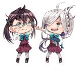  2girls adjusting_eyewear ahoge asashimo_(kantai_collection) black_hair blue-framed_eyewear boots bow bowtie chibi cross-laced_footwear eyebrows_visible_through_hair full_body glasses green_eyes grey_eyes grey_legwear hair_over_one_eye halterneck ikea_shark kantai_collection lace-up_boots long_hair multicolored_hair multiple_girls okinami_(kantai_collection) pantyhose pink_hair ponytail school_uniform sharp_teeth shirt short_hair silver_hair simple_background smile standing stuffed_animal stuffed_shark stuffed_toy teeth white_background white_shirt yunoji_yusuke 