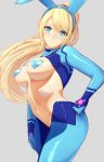  animal_ears blonde_hair breasts bunny_ears grey_background heart_pasties highres ippers metroid navel pasties reverse_bunnysuit reverse_outfit samus_aran stomach zero_suit 