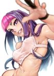  1girl blurry bokkusu bottomless breasts chinese_clothes depth_of_field dudou grin han_juri impossible_clothes long_hair medium_breasts multicolored_hair navel no_bra nose out-of-frame_censoring pink_hair purple_eyes purple_hair short_eyebrows smile solo street_fighter street_fighter_v toned two-tone_hair underboob 
