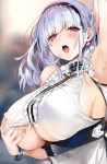  1girl anchor_choker apron arm_behind_head arm_up armpits azur_lane bangs black_hairband blush bracelet breasts center_frills choker dido_(azur_lane) earrings frilled_choker frills hairband hands_on_own_breasts heart heart_earrings highres jewelry lace-trimmed_hairband large_breasts long_hair looking_at_viewer marushin_(denwa0214) open_mouth purple_eyes sleeveless solo underboob underboob_cutout underbust waist_apron white_apron white_hair 