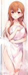  1girl breasts collarbone commentary_request highres holding kinjo_no_nanako-san komeshiro_kasu large_breasts long_hair looking_at_viewer naked_towel nanako-san open_mouth orange_hair red_eyes smile solo standing steam thighs towel 