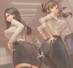  3girls ass belt black_hair black_legwear black_pants black_skirt breasts brown_eyes brown_hair commentary_request earrings hands_on_ass jewelry kazo large_breasts long_hair looking_at_viewer looking_back minigirl multiple_girls original pants pantylines purple_eyes skirt smile teacher thick_thighs thighhighs thighs 