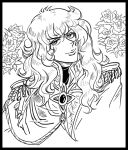  1girl bb_(baalbuddy) black_border border closed_mouth curly_hair epaulettes flower greyscale jacket long_hair looking_at_viewer military_jacket monochrome oscar_francois_de_jarjayes rose smile solo upper_body versailles_no_bara 
