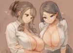  2girls blue_eyes breasts brown_background brown_eyes brown_hair cleavage commentary_request drill_hair earrings flag heart huge_breasts jewelry kazo long_hair looking_down multiple_girls open_clothes open_shirt original simple_background smile teacher white_flag 