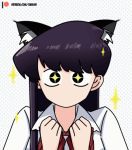  +_+ 1girl animal_ears animated animated_gif black_eyes bow cat_ears dotted_background hand_up komi-san_wa_komyushou_desu komi_shouko long_hair looking_at_viewer no_mouth purple_hair red_bow shirt solo takeshi~ upper_body white_shirt 