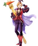  1boy alternate_costume animal_ears blonde_hair boots bow bunny_ears cape carrot fire_emblem fire_emblem:_the_binding_blade fire_emblem_heroes flower fork full_body gloves hat highres leaf narcian_(fire_emblem) official_art open_mouth solo teeth transparent_background yamada_koutarou yellow_eyes 
