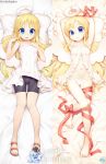  angel angel_wings babydoll bike_shorts blonde_hair blue_eyes broken_halo crimvael cuddly_octopus dakimakura halo highres ishuzoku_reviewers krokobyaka long_hair looking_at_viewer lying nightgown on_back panties ribbon underwear white_panties wings 